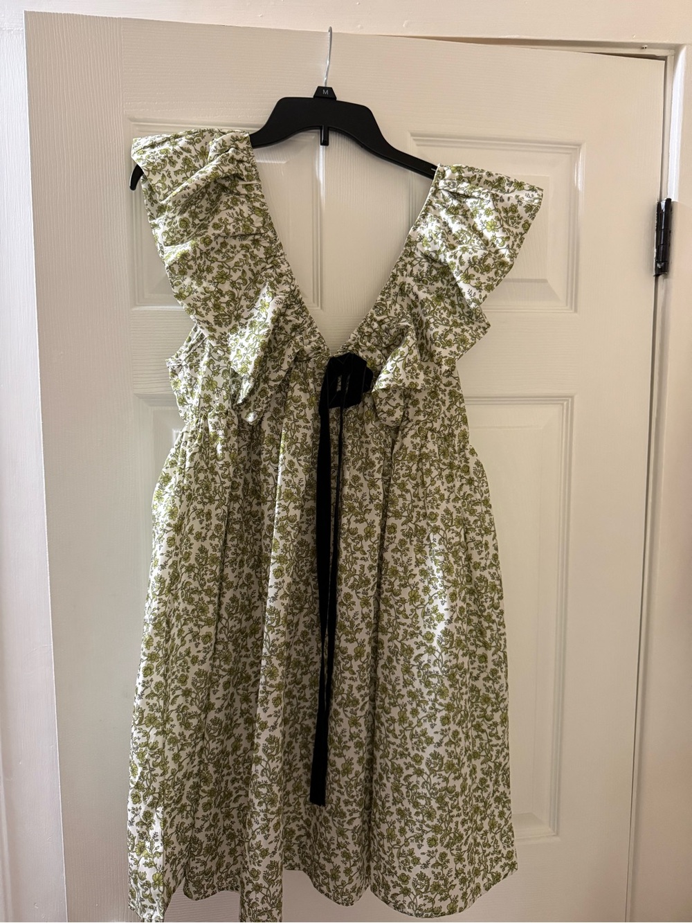 Amazon Green Floral Ruffle Midi Dress with Black Tie